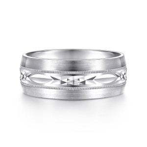 Gabriel & Co. MBM0103-80W4JJJ 14 karat white gold Signature men's wedding band, front view of the satin face with a faceted center channel between two beaded lines