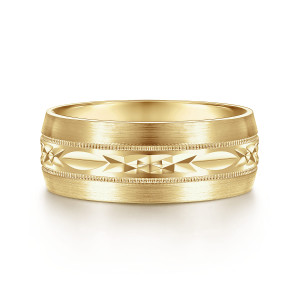 Gabriel & Co. MBM0103-80Y4JJJ 14 karat yellow gold Signature men's wedding band, front view of the satin band with an engraved center channel between two rows of milgrain