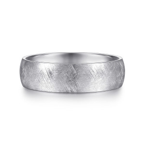 Gabriel & Co. MBM0104-60W4JJJ 14 karat white gold Classic men's wedding band, front view of a domed face covered in fine crisscross scratch lines