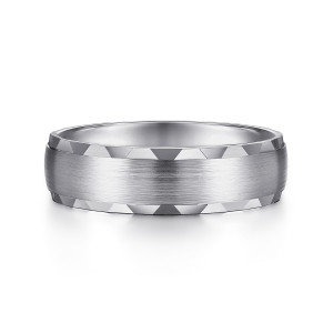 Gabriel & Co. MBM0105-60W4JJJ 14 karat white gold Classic men's wedding band, front view of a brushed center with triangular polished facets cut along both edges
