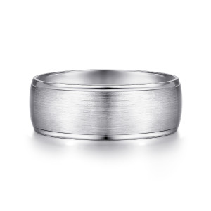 Gabriel & Co. MBM0107-80W4JJJ 14 karat white gold Classic men's wedding band, front view of the plain satin dome between two thin polished rims