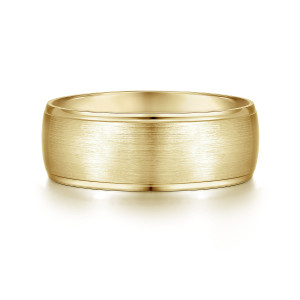 Gabriel & Co. MBM0107-80Y4JJJ 14 karat yellow gold Classic men's wedding band, front view of a brushed satin dome bordered by narrow polished edge strips