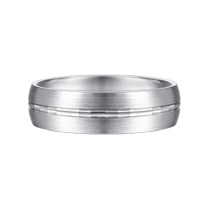 Gabriel & Co. MBM0108-60W4JJJ 14 karat white gold Classic men's wedding band, front view of the brushed domed face split by one narrow groove of short bright segments