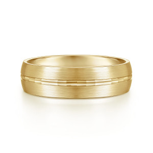Gabriel & Co. MBM0108-60Y4JJJ 14 karat yellow gold Classic men's wedding band, front view of the satin domed face split by a center groove of polished segments