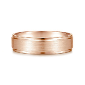 Gabriel & Co. MBM0109-60K4JJJ 14 karat rose gold Classic men's wedding band, front view of a brushed satin center rising above polished rails