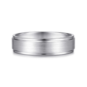 Gabriel & Co. MBM0109-60W4JJJ 14 karat white gold Classic men's wedding band, front view of a broad brushed satin face stepping down to thin polished rims
