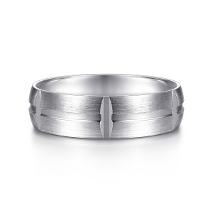 Gabriel & Co. MBM0110-60W4JJJ 14 karat white gold Classic men's wedding band, front view of the brushed face with its polished center groove and bars crossing it