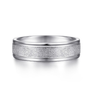 Gabriel & Co. MBM0111-60W4JJJ 14 karat white gold Classic men's wedding band, front view of the grainy frosted strip bordered by mirror polished rims