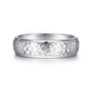 Gabriel & Co. MBM0112-60W4JJJ 14 karat white gold Classic men's wedding band, front view of irregular hammered facets in the center framed by narrow polished side rims