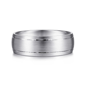 Gabriel & Co. MBM0113-70W4JJJ 14 karat white gold Classic men's wedding band, front view of the domed brushed face with a thin faceted groove along each side