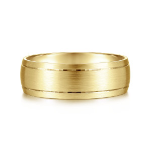 Gabriel & Co. MBM0113-70Y4JJJ 14 karat yellow gold Classic men's wedding band, front view of a brushed domed face with a thin groove near each edge