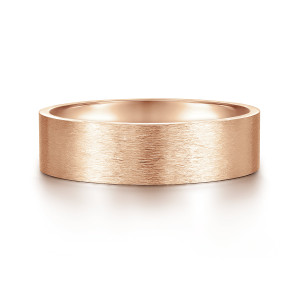 Gabriel & Co. MBM0114-60K4JJJ 14 karat rose gold Classic men's wedding band, front view of the flat brushed face with fine grain running around the band