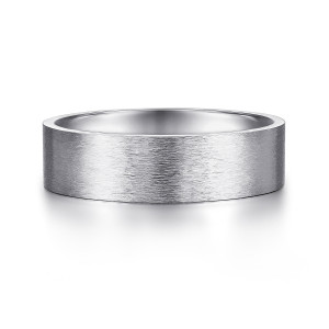 Gabriel & Co. MBM0114-60W4JJJ 14 karat white gold Classic men's wedding band, front view of a flat brushed face with square edges and a smooth polished inner wall