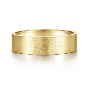 Gabriel & Co. MBM0114-60Y4JJJ 14 karat yellow gold Classic men's wedding band, front view of the flat brushed face with square corners and a polished inner wall