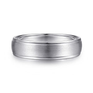 Gabriel & Co. MBM0115-60W4JJJ 14 karat white gold Classic men's wedding band, front view of a domed satin panel bordered by thin polished rims along both edges