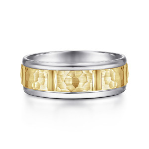 Gabriel & Co. MBM0116-70M4JJJ 14 karat white and yellow gold Exclusive men's wedding band, front view of hammered patches divided by smooth crossbars inside glossy rims
