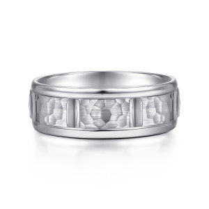 Gabriel & Co. MBM0116-70W4JJJ 14 karat white gold Exclusive men's wedding band, front view of hammered panels split by polished crossbars between glossy rails