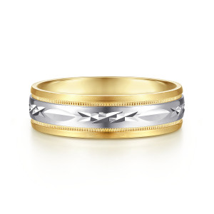 Gabriel & Co. MBM0119-60M4JJJ 14 karat white and yellow gold Signature men's wedding band, front view of the carved center strip, leaf shaped panels and beaded rows beside satin sides