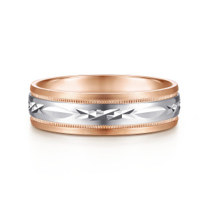 Gabriel & Co. MBM0119-60T4JJJ 14 karat white and rose gold Signature men's wedding band, front view of almond shapes and faceted crosses in the glossy center between beaded rows