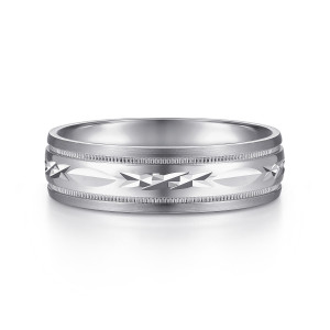 Gabriel & Co. MBM0119-60W4JJJ 14 karat white gold Signature men's wedding band, front view of the engraved center with pointed ovals and faceted cut clusters