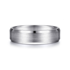 Gabriel & Co. MBM0123-60W4JJJ 14 karat white gold Classic men's wedding band, front view of the level brushed face with a narrow polished bevel on each edge