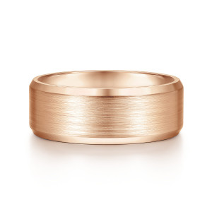 Gabriel & Co. MBM0124-80K4JJJ 14 karat rose gold Classic men's wedding band, front view of the brushed flat center bordered by glossy beveled strips
