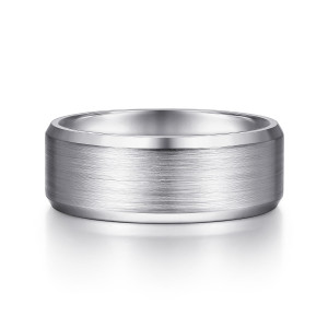 Gabriel & Co. MBM0124-80W4JJJ 14 karat white gold Classic men's wedding band, front view of the flat satin face between two narrow polished beveled strips