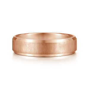 Gabriel & Co. MBM0126-60K4JJJ 14 karat rose gold Classic men's wedding band, front view of a brushed flat center bordered by two straight polished beveled edges