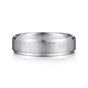 Gabriel & Co. MBM0126-60W4JJJ 14 karat white gold Classic men's wedding band, front view of the brushed face with a polished beveled strip along each edge