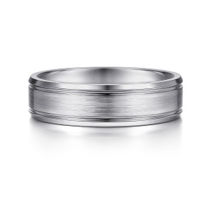 Gabriel & Co. MBM0127-60W4JJJ 14 karat white gold Classic men's wedding band, front view of a flat brushed panel inside fine steps and glossy beveled edges