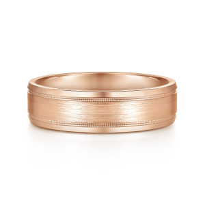 Gabriel & Co. MBM0128-60K4JJJ 14 karat rose gold Classic men's wedding band, front view of a flat satin center with fine milgrain beading beside glossy angled borders