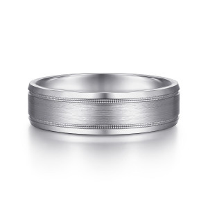 Gabriel & Co. MBM0128-60W4JJJ 14 karat white gold Classic men's wedding band, front view of the brushed panel bordered by two beaded rows and bright beveled edges