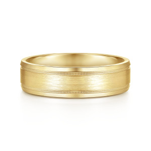 Gabriel & Co. MBM0128-60Y4JJJ 14 karat yellow gold Classic men's wedding band, front view of a brushed flat center edged by two fine milgrain rows