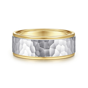 Gabriel & Co. MBM0129-80M4JJJ 14 karat white and yellow gold Signature men's wedding band, front view of a hammered center panel with irregular facets between polished rims