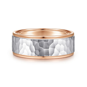 Gabriel & Co. MBM0129-80T4JJJ 14 karat white and rose gold Signature men's wedding band, front view of the hammered cooler center between two glossy warm rims