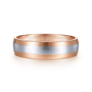 Gabriel & Co. MBM0131-60T4JJJ 14 karat white and rose gold Signature men's wedding band, front view of a satin band with a cool center stripe between two warmer sides