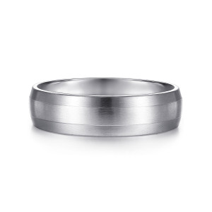 Gabriel & Co. MBM0131-60W4JJJ 14 karat white gold Signature men's wedding band, front view of a domed satin face divided by fine lines into center and side areas