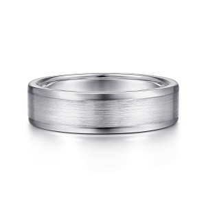 Gabriel & Co. MBM0132-60W4JJJ 14 karat white gold Classic men's wedding band, front view of the satin brushed center framed by thin polished strips along each side