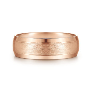 Gabriel & Co. MBM0134-70K4JJJ 14 karat rose gold Classic men's wedding band, front view of the frosted satin center between glossy beveled edges