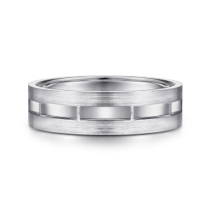 Gabriel & Co. MBM0135-60W4JJJ 14 karat white gold Signature men's wedding band, front view of a flat brushed band with a row of polished rectangular blocks in the center channel