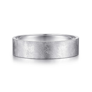 Gabriel & Co. MBM0136-60W4JJJ 14 karat white gold Classic men's wedding band, front view of a flat face covered in crisscrossed fine scratches with a polished rim