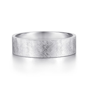 Gabriel & Co. MBM0137-60W4JJJ 14 karat white gold Classic men's wedding band, front view of the flat face covered in crisscross scratch lines with square edges