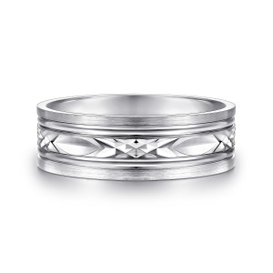 Gabriel & Co. MBM0138-70W4JJJ 14 karat white gold Signature men's wedding band, front view of pointed ovals and faceted clusters in a recessed strip