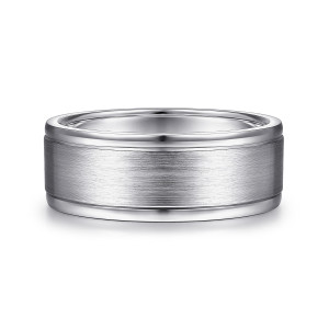 Gabriel & Co. MBM0141-80W4JJJ 14 karat white gold Classic men's wedding band, front view of the plain brushed panel between two glossy rails with a small step