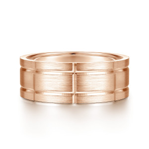 Gabriel & Co. MBM0142-80K4JJJ 14 karat rose gold Classic men's wedding band, front view of brushed blocks divided by crossing grooves and one straight cut at the center