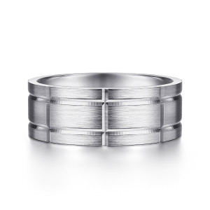 Gabriel & Co. MBM0142-80W4JJJ 14 karat white gold Classic men's wedding band, front view of a satin face cut into rectangular blocks by crossing grooves