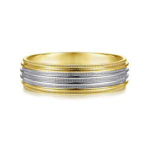 Gabriel & Co. MBM0144-60M4JJJ 14 karat white and yellow gold Signature men's wedding band, front view of beaded rails in a warmer tone around a paler ribbed center