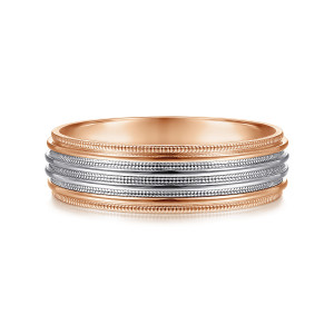 Gabriel & Co. MBM0144-60T4JJJ 14 karat white and rose gold Signature men's wedding band, front view of the cooler ribbed center between warmer rails with beaded edges