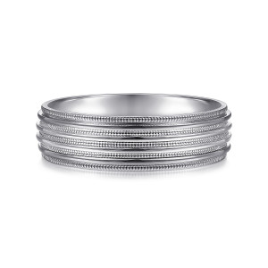 Gabriel & Co. MBM0144-60W4JJJ 14 karat white gold Signature men's wedding band, front view of polished ridges alternating with strips of beaded milgrain