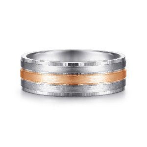Gabriel & Co. MBM0145-70T4JJJ 14 karat white and rose gold Signature men's wedding band, front view of the warm satin center strip, narrow grooves beside it and finely cut outer edges